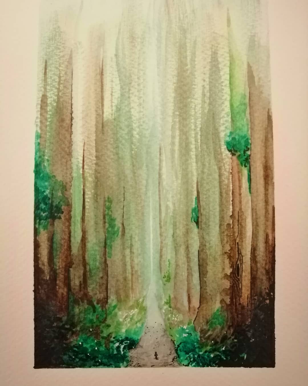 forest from top to bottom of page, split down the middle by a foggy path. a single tiny figure stands at the foot of the huge trees