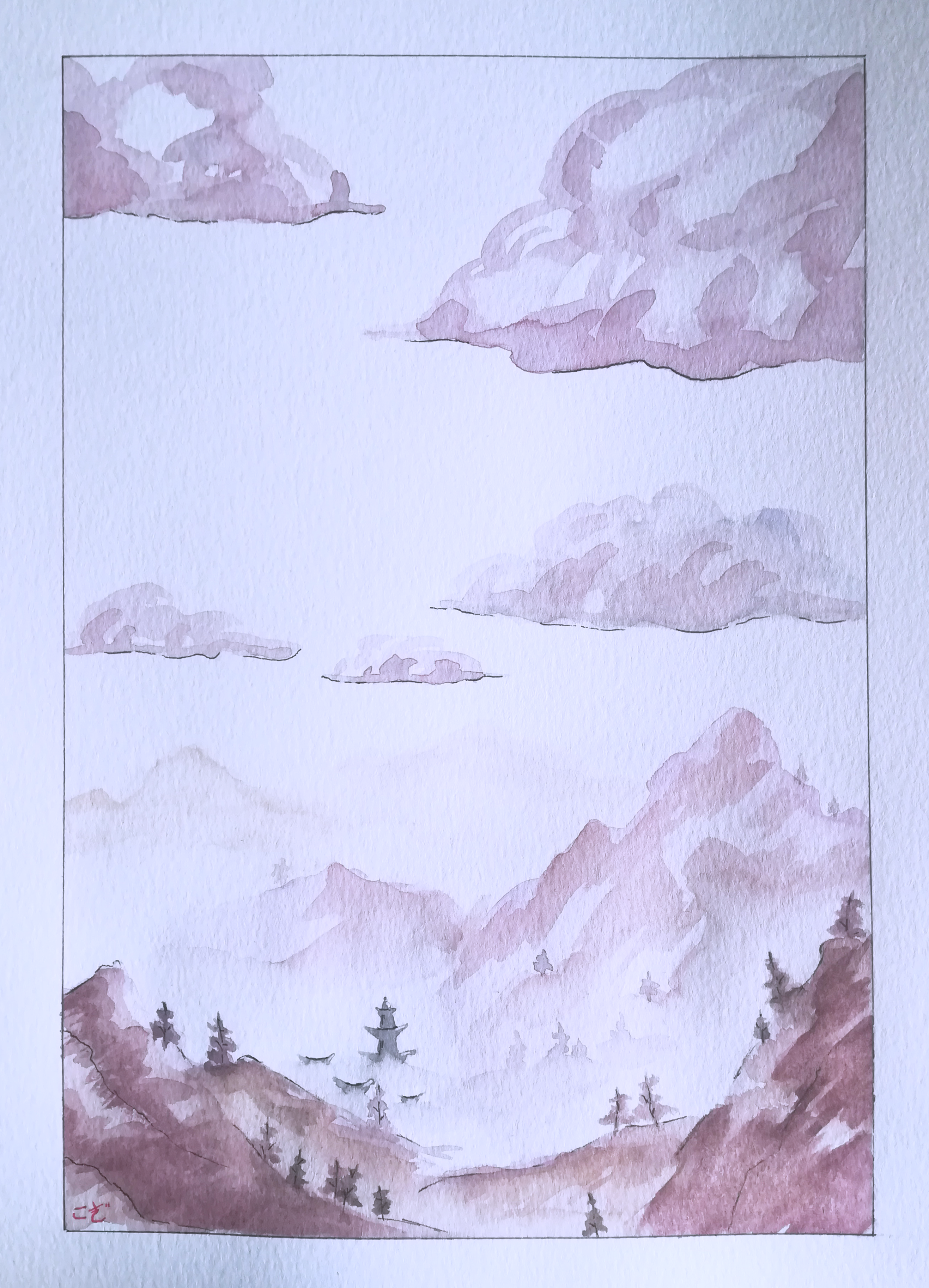 purple/red shades throughout, large fluffy clouds, mountains fading into the distance, sparse trees dotted across the slopes. clearing in the centre with pagoda peaks reaching above a fog