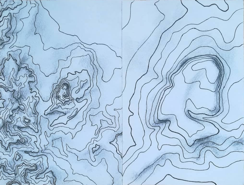 2 black and white topographic maps side by side. the left appears more zoomed out, showing the edge of a mountain range to the west opening into rolling hills, an ocean to the north, and a lone hill jutting out from the mountains inter the center. the right shows a zoom in on that outlying hill